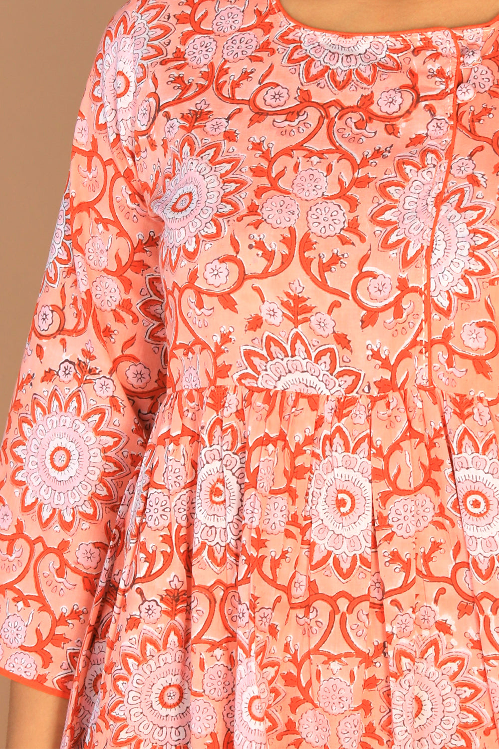 Image of Floral Gathered Sanganeri hand block printed cotton dress